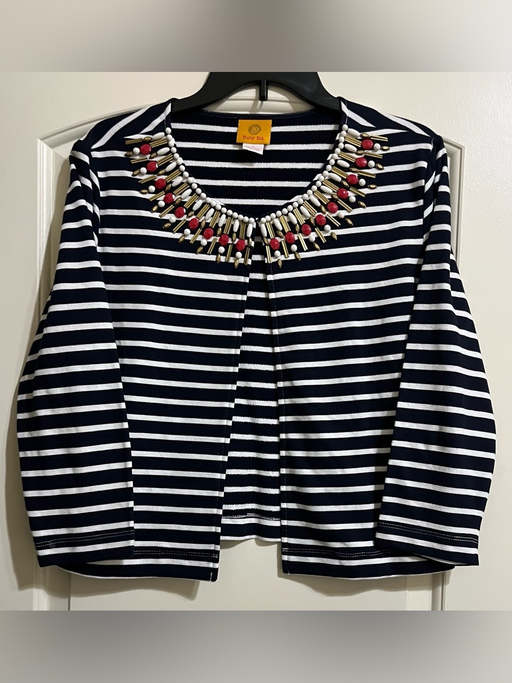 Ruby Rd. 2 Piece Navy Blue White Striped Beaded Cardigan & Tank Top Size Medium